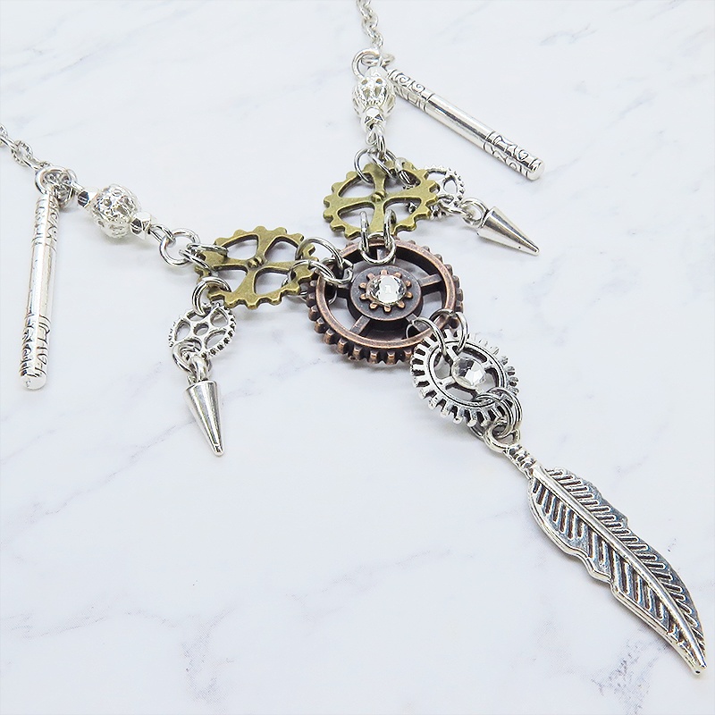 アンティークシルバー フェザーと歯車を組合せたスチームパンク風ネイティブ・アメリカンネックレス 長さ調整可