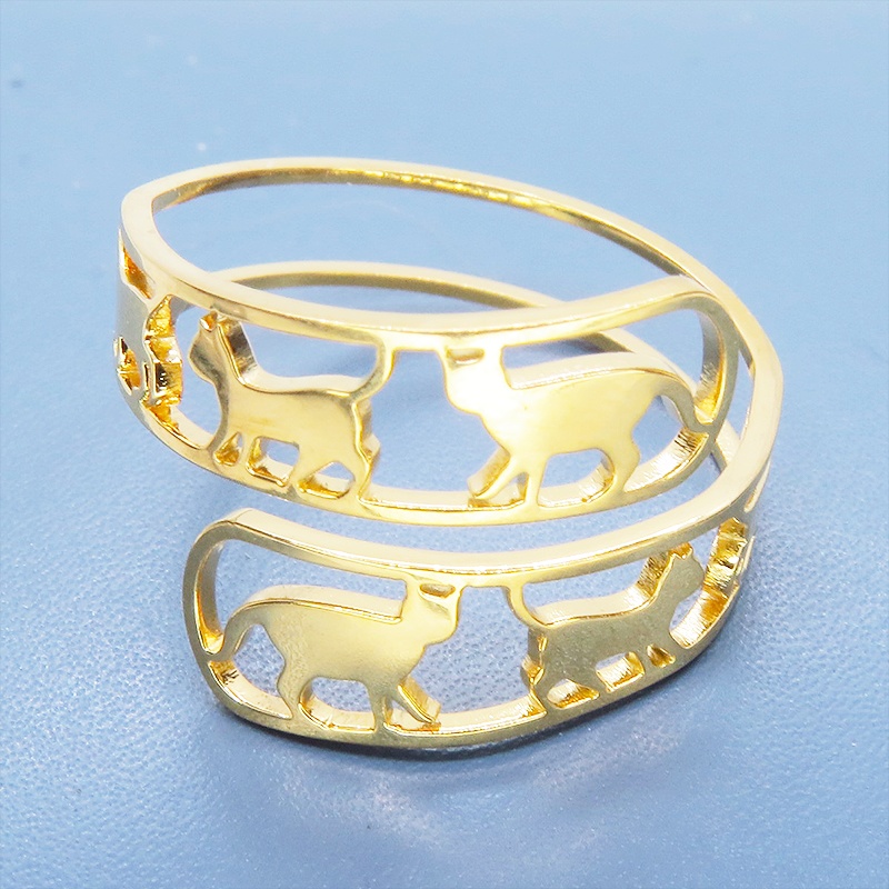 ステンレス製 ゴールドカラー 歩く猫シルエットが連なる大人可愛いリング フリーサイズ