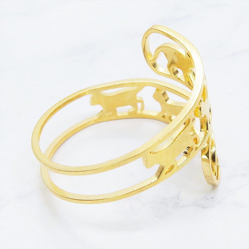 ステンレス製 ゴールドカラー 歩く猫シルエットが連なる大人可愛いリング フリーサイズ