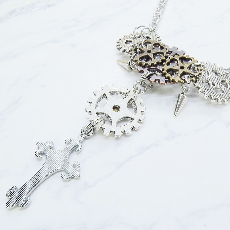 アンティークシルバー ロザリオと歯車を組合せたスチームパンク多層多重ネックレス ラインストーン 長さ調整可