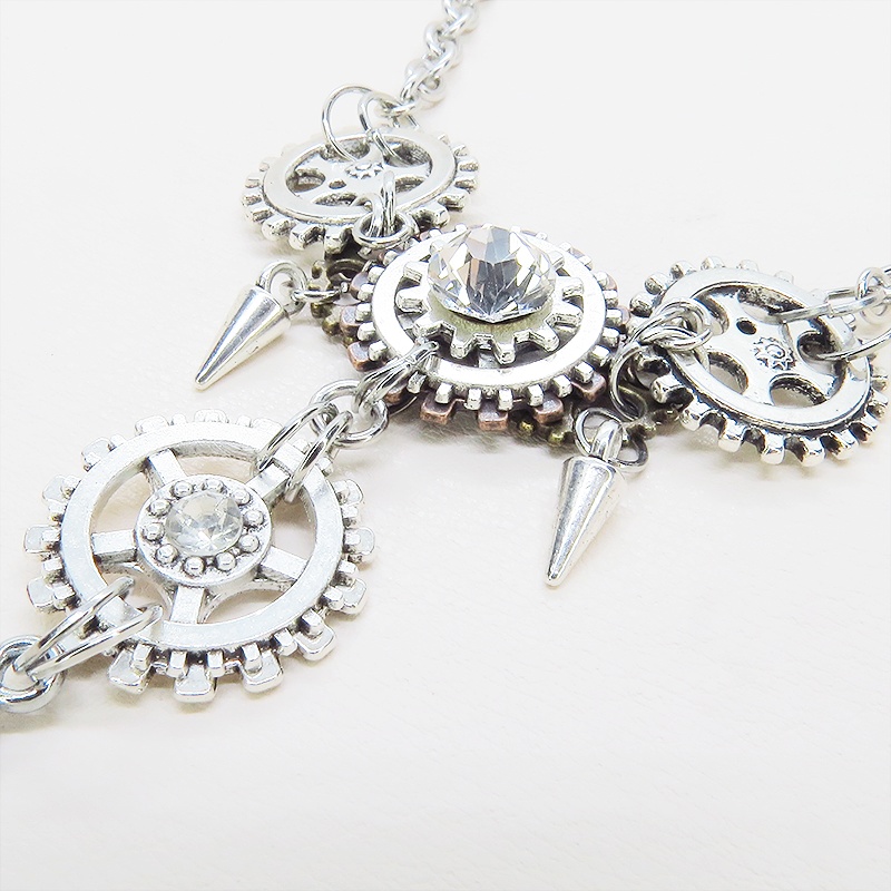 アンティークシルバー ロザリオと歯車を組合せたスチームパンク多層多重ネックレス ラインストーン 長さ調整可