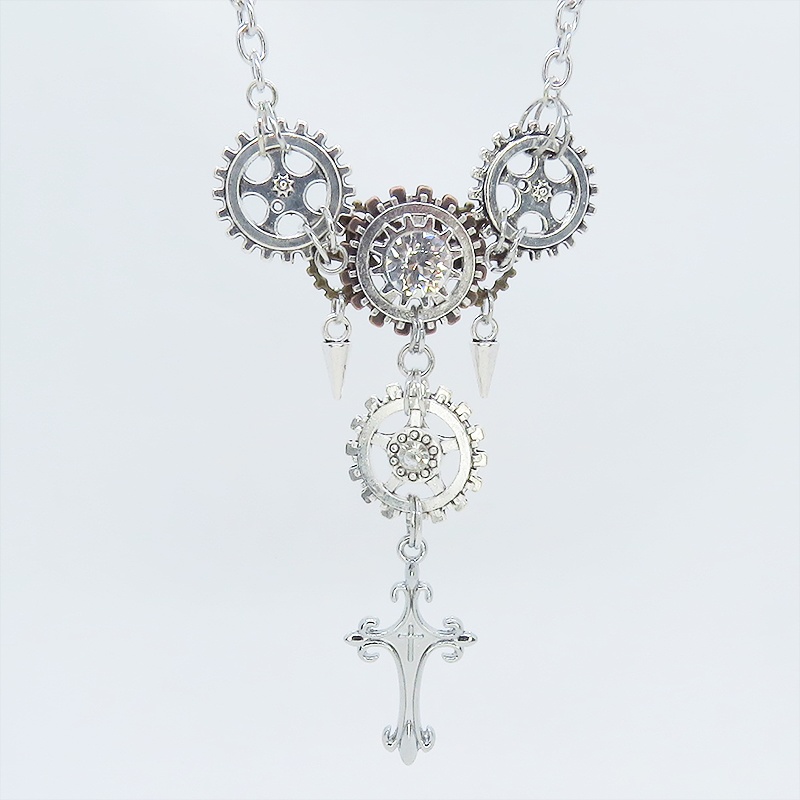 アンティークシルバー ロザリオと歯車を組合せたスチームパンク多層多重ネックレス ラインストーン 長さ調整可