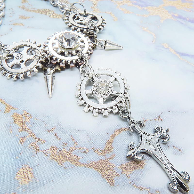 アンティークシルバー ロザリオと歯車を組合せたスチームパンク多層多重ネックレス ラインストーン 長さ調整可