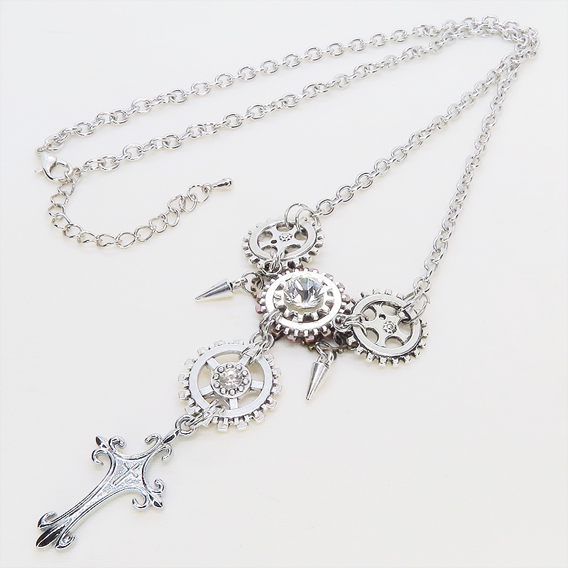 アンティークシルバー ロザリオと歯車を組合せたスチームパンク多層多重ネックレス ラインストーン 長さ調整可