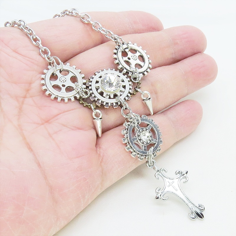 アンティークシルバー ロザリオと歯車を組合せたスチームパンク多層多重ネックレス ラインストーン 長さ調整可