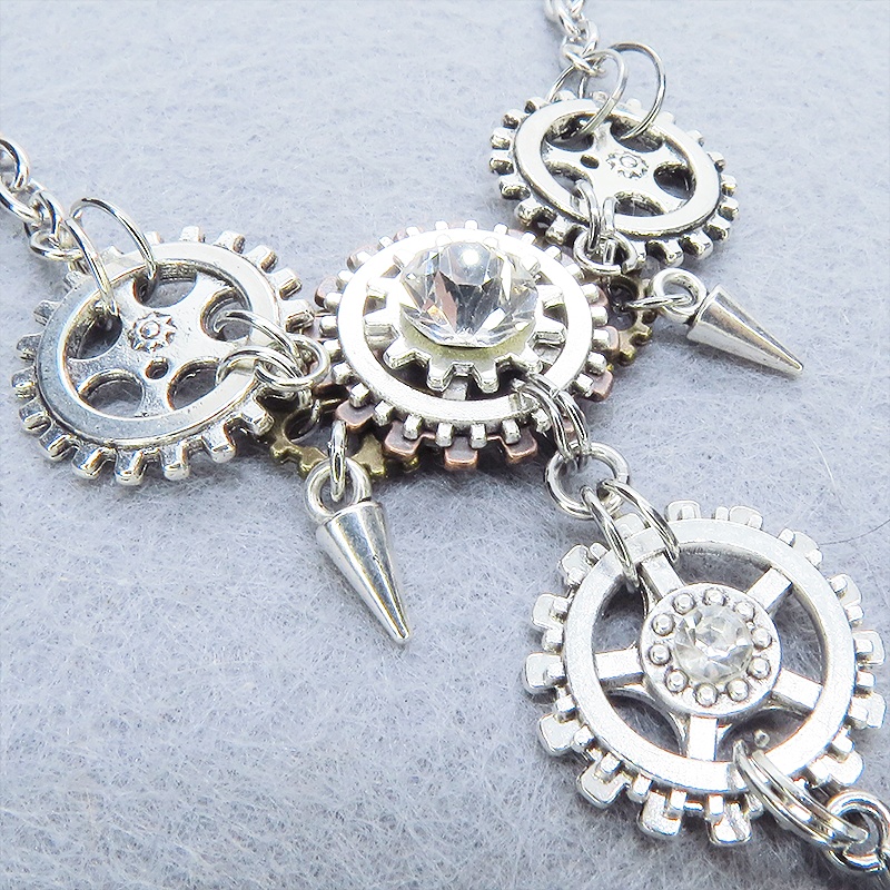 アンティークシルバー ロザリオと歯車を組合せたスチームパンク多層多重ネックレス ラインストーン 長さ調整可