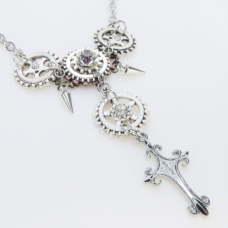アンティークシルバー ロザリオと歯車を組合せたスチームパンク多層多重ネックレス ラインストーン 長さ調整可
