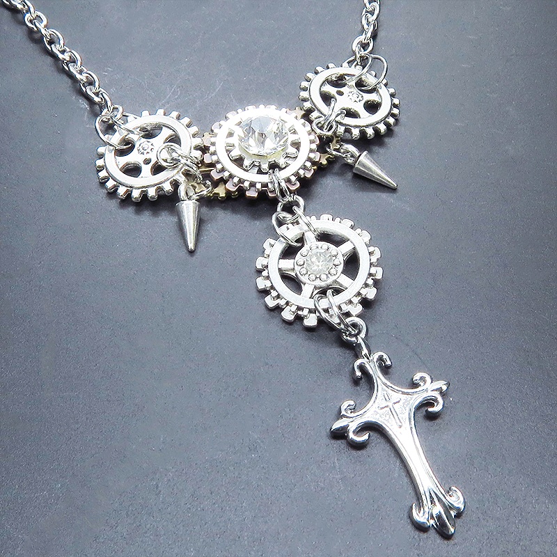 アンティークシルバー ロザリオと歯車を組合せたスチームパンク多層多重ネックレス ラインストーン 長さ調整可