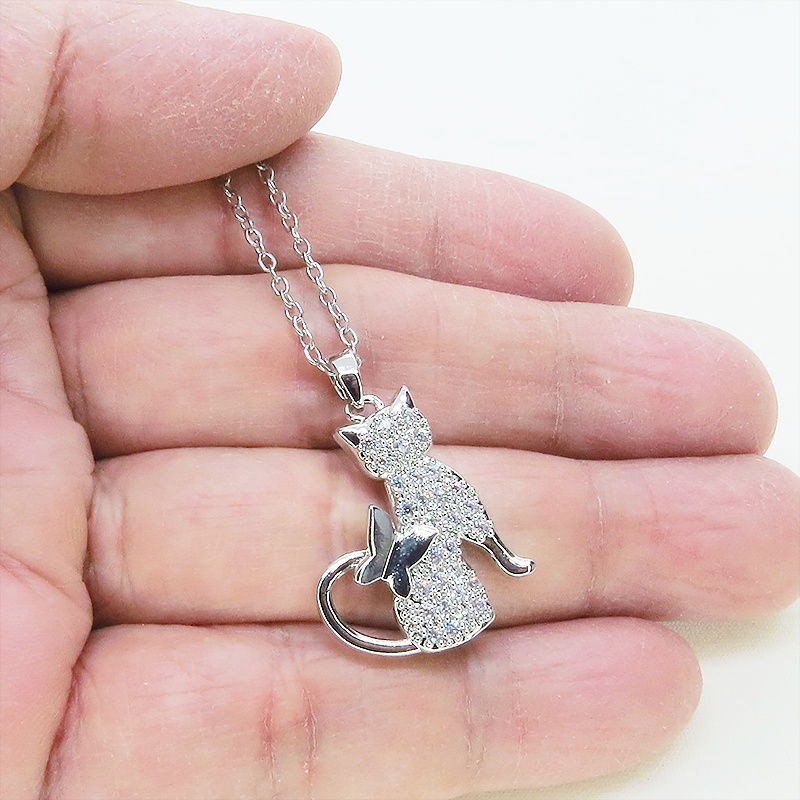 シルバーカラー ステンレス 猫シルエットのペンダントネックレス ラインストーン ビジュー アジャスター付