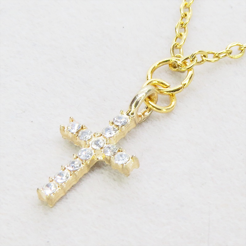 ステンレス ゴールドカラー ロザリオチャームのシンプルなネックレス ラインストーン アジャスター追加可