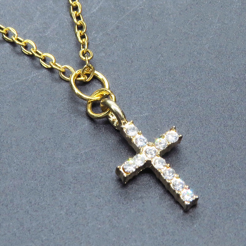 ステンレス ゴールドカラー ロザリオチャームのシンプルなネックレス ラインストーン アジャスター追加可