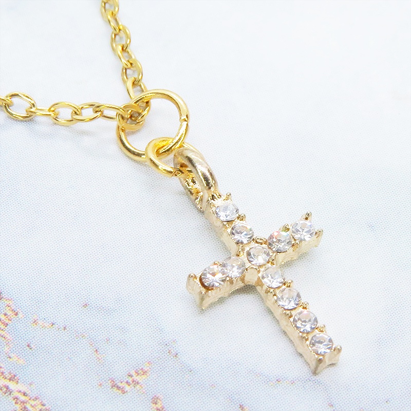 ステンレス ゴールドカラー ロザリオチャームのシンプルなネックレス ラインストーン アジャスター追加可