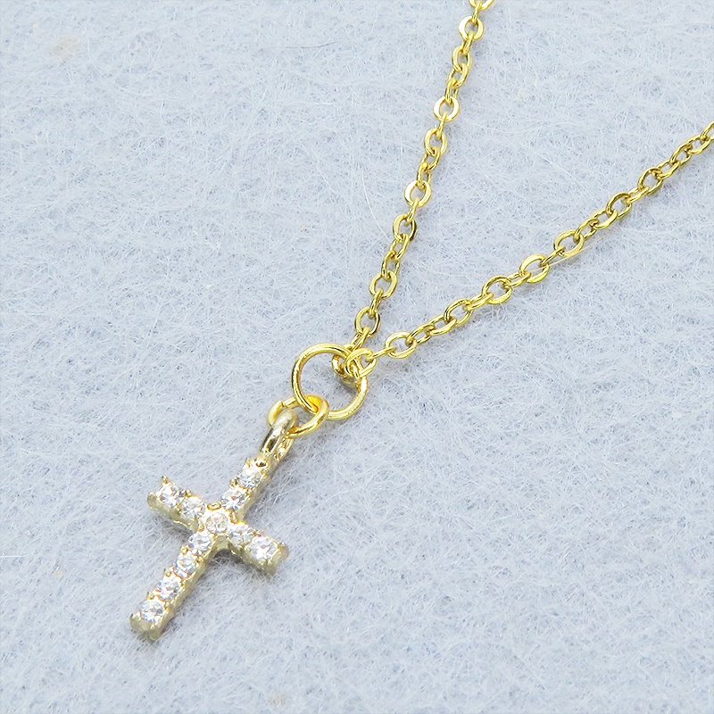 ステンレス ゴールドカラー ロザリオチャームのシンプルなネックレス ラインストーン アジャスター追加可