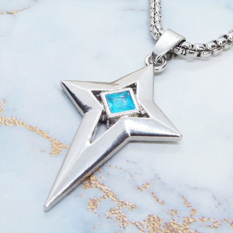ステンレス シルバーカラー クロススタースタイリッシュネックレス スカイブルー ラインストーン 長さ調整可 アジャスター可
