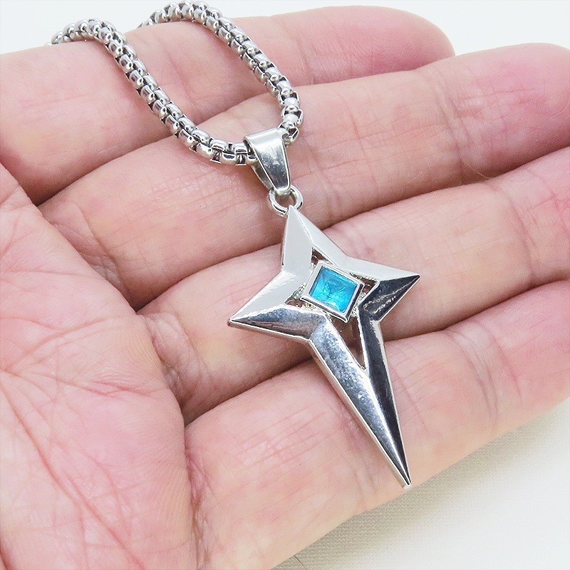 ステンレス シルバーカラー クロススタースタイリッシュネックレス スカイブルー ラインストーン 長さ調整可 アジャスター可