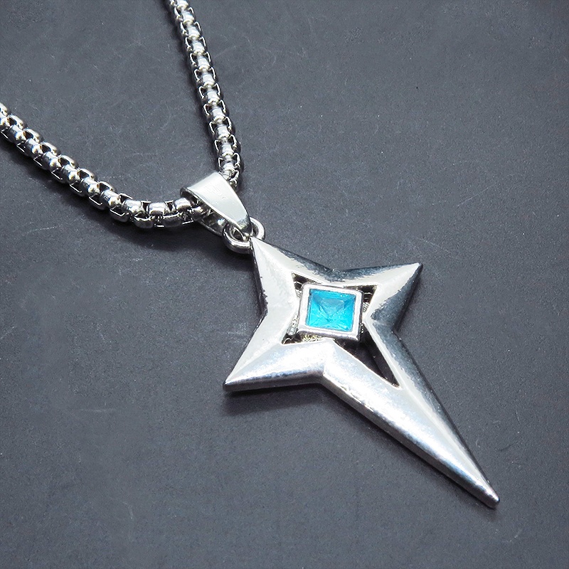 ステンレス シルバーカラー クロススタースタイリッシュネックレス スカイブルー ラインストーン 長さ調整可 アジャスター可