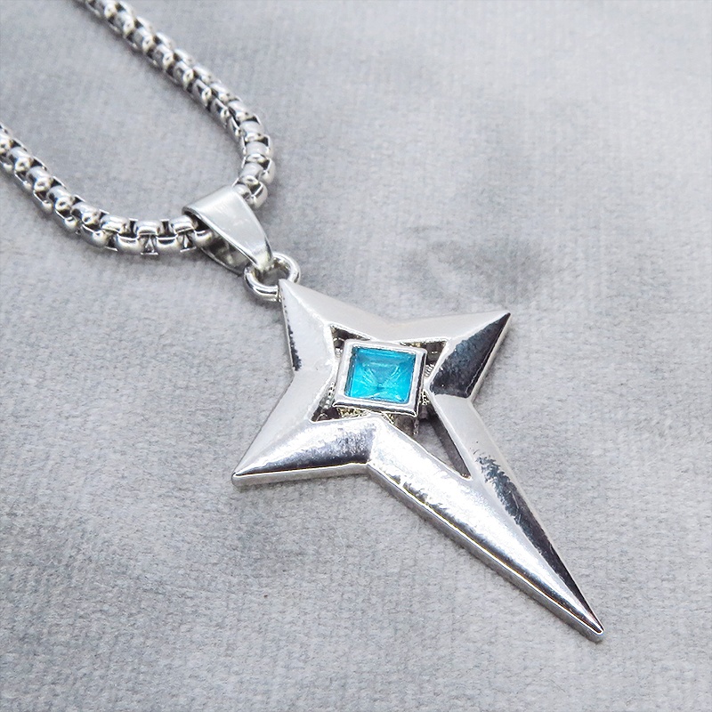ステンレス シルバーカラー クロススタースタイリッシュネックレス スカイブルー ラインストーン 長さ調整可 アジャスター可