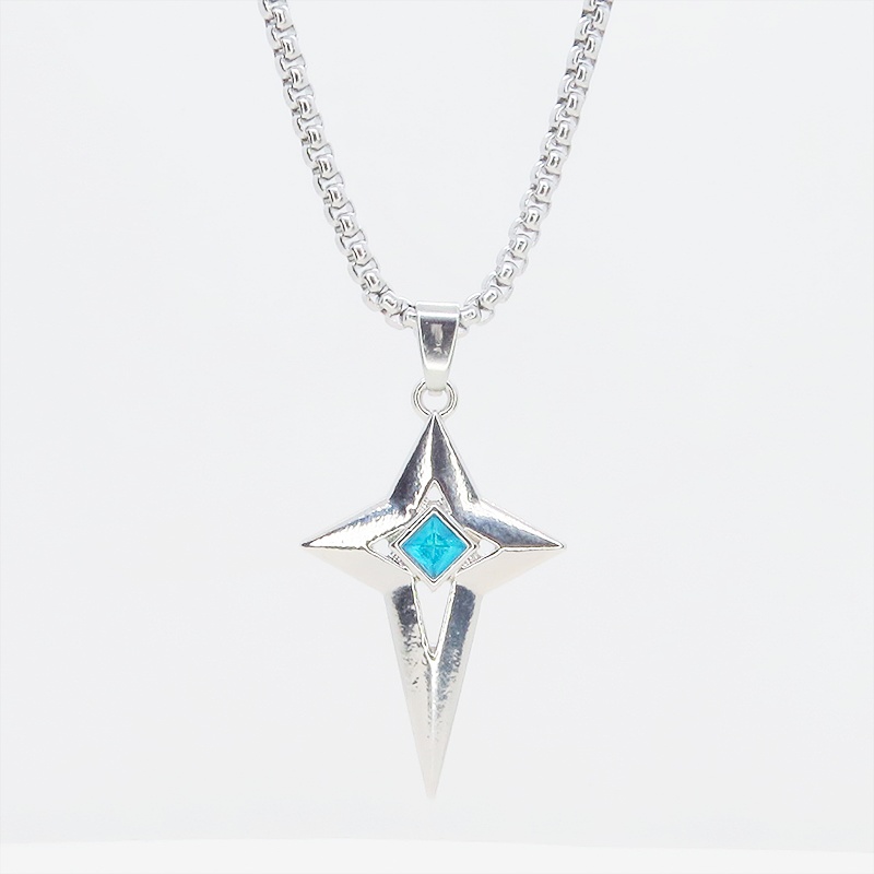 ステンレス シルバーカラー クロススタースタイリッシュネックレス スカイブルー ラインストーン 長さ調整可 アジャスター可