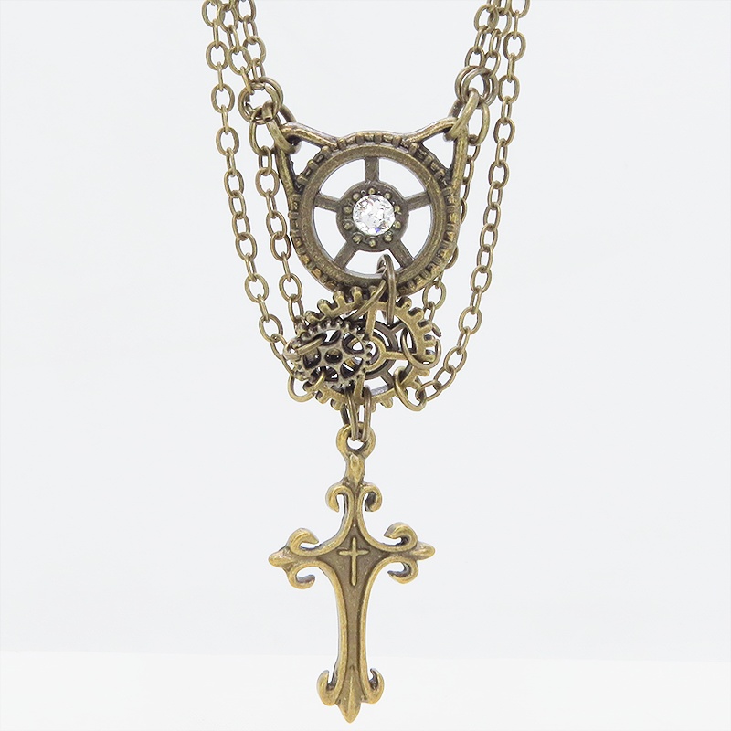 アンティークゴールド 猫とロザリオのスマートなスチームパンク風ダブルチェーン ネックレス アジャスター付 長さ調整可