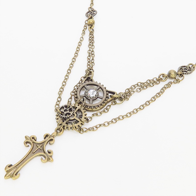 アンティークゴールド 猫とロザリオのスマートなスチームパンク風ダブルチェーン ネックレス アジャスター付 長さ調整可