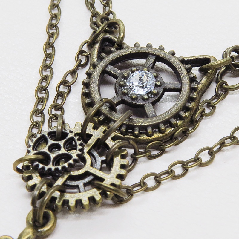 アンティークゴールド 猫とロザリオのスマートなスチームパンク風ダブルチェーン ネックレス アジャスター付 長さ調整可