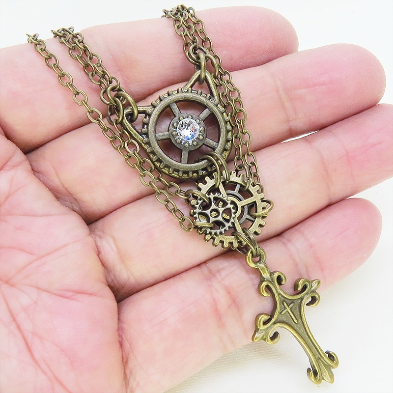 アンティークゴールド 猫とロザリオのスマートなスチームパンク風ダブルチェーン ネックレス アジャスター付 長さ調整可
