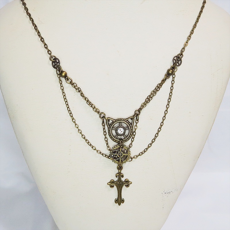 アンティークゴールド 猫とロザリオのスマートなスチームパンク風ダブルチェーン ネックレス アジャスター付 長さ調整可