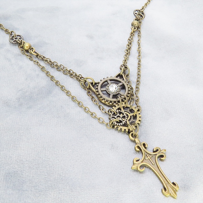 アンティークゴールド 猫とロザリオのスマートなスチームパンク風ダブルチェーン ネックレス アジャスター付 長さ調整可