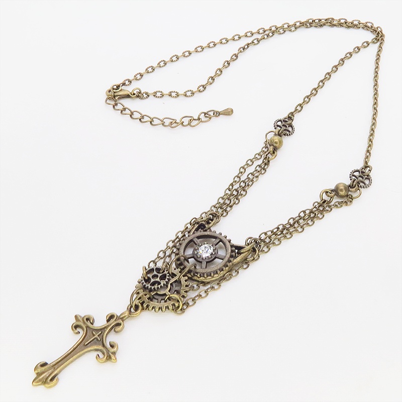 アンティークゴールド 猫とロザリオのスマートなスチームパンク風ダブルチェーン ネックレス アジャスター付 長さ調整可