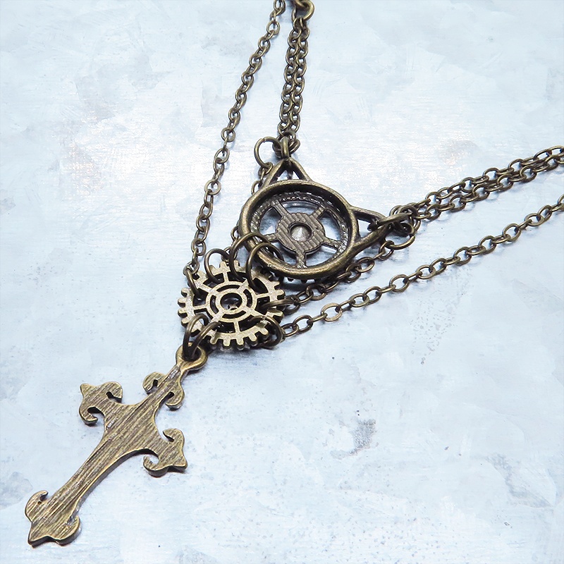 アンティークゴールド 猫とロザリオのスマートなスチームパンク風ダブルチェーン ネックレス アジャスター付 長さ調整可