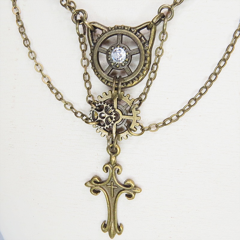 アンティークゴールド 猫とロザリオのスマートなスチームパンク風ダブルチェーン ネックレス アジャスター付 長さ調整可