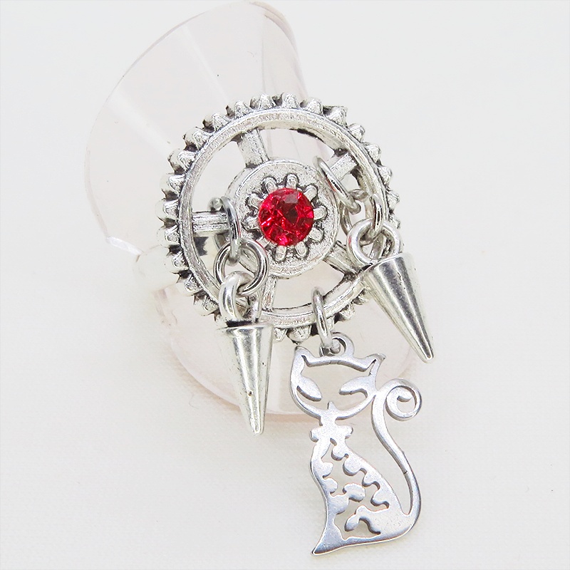 アンティークシルバー 猫と歯車のスチームパンク風リング スワロフスキー(スカーレット) スパイク フリーサイズ
