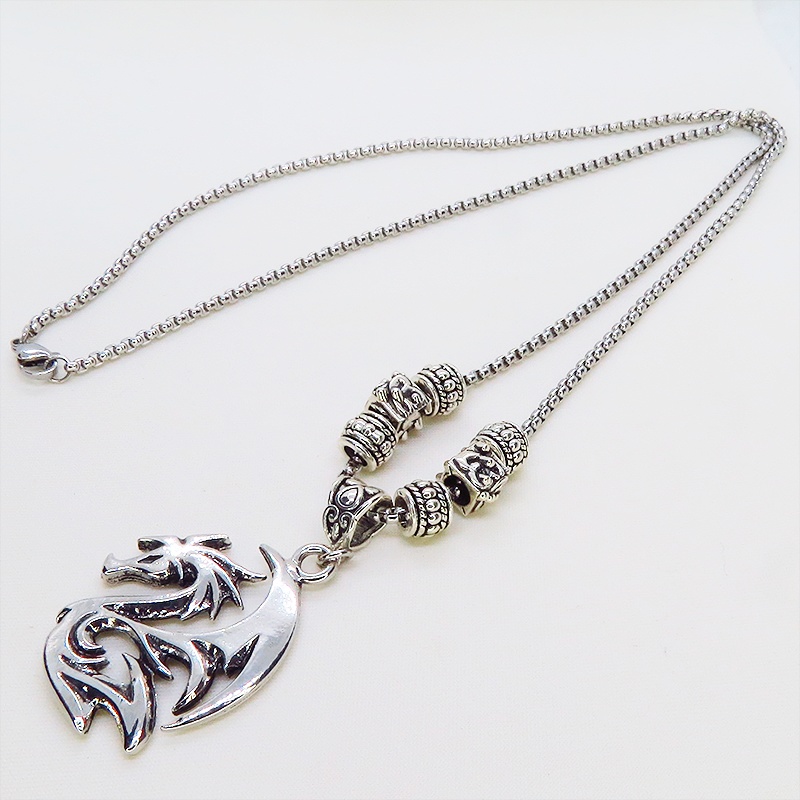 ステンレス鋼 シルバーカラー ドラゴンシルエットのペンダントネックレス ロングチェーン