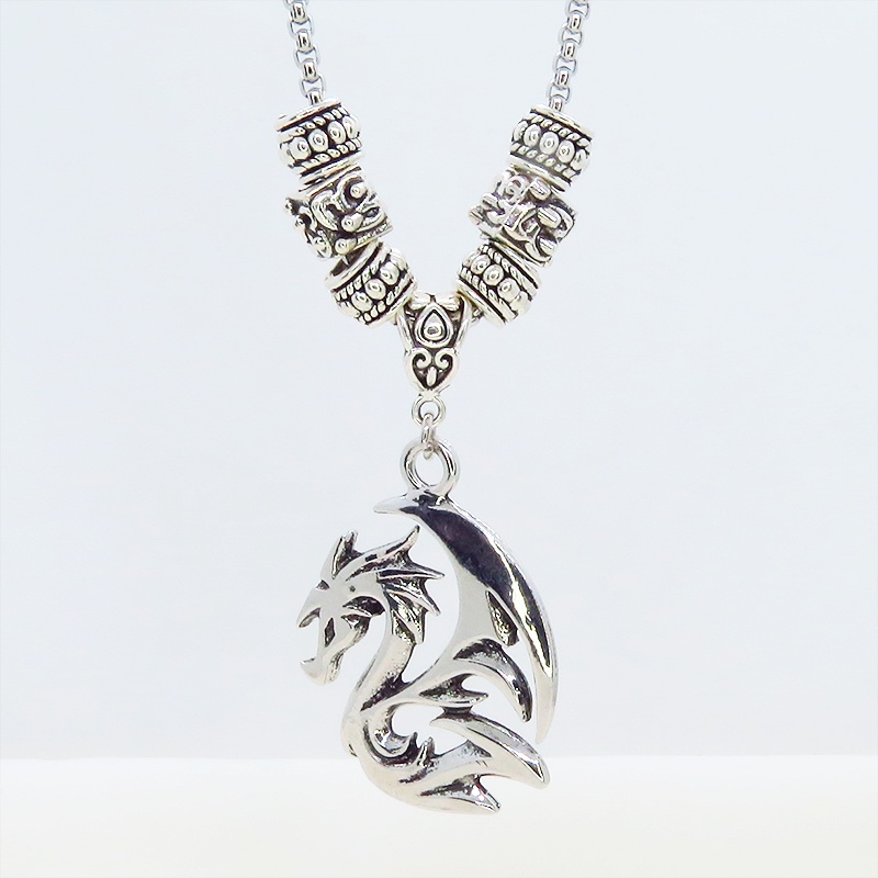 ステンレス鋼 シルバーカラー ドラゴンシルエットのペンダントネックレス ロングチェーン