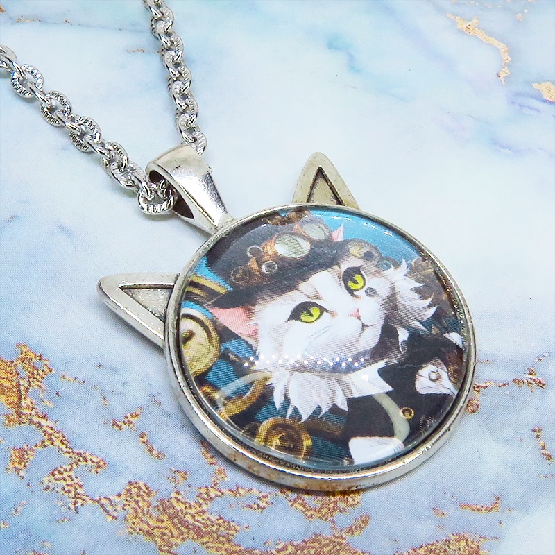 シルバーカラー 猫耳カボションペンダントネックレス スチームパンク シルクハットの毛長白猫 長さ調整可