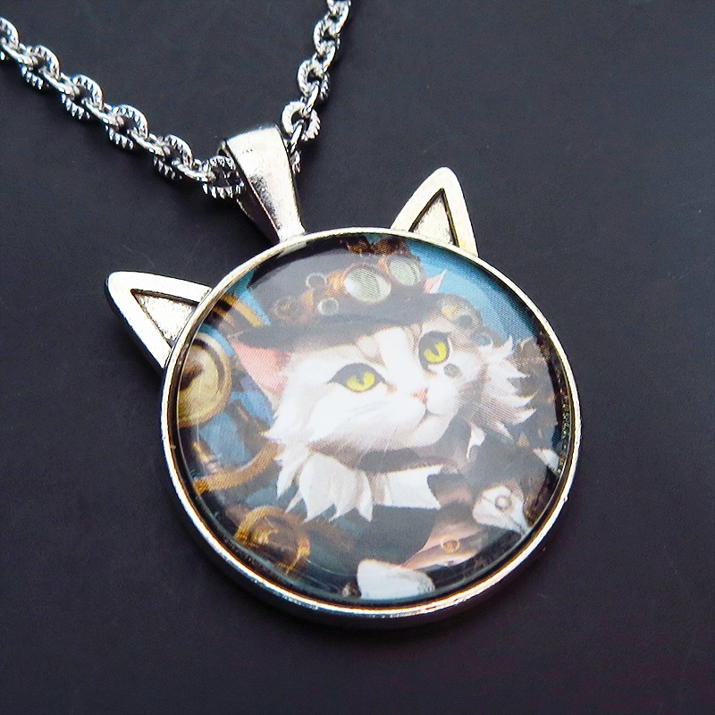 シルバーカラー 猫耳カボションペンダントネックレス スチームパンク シルクハットの毛長白猫 長さ調整可