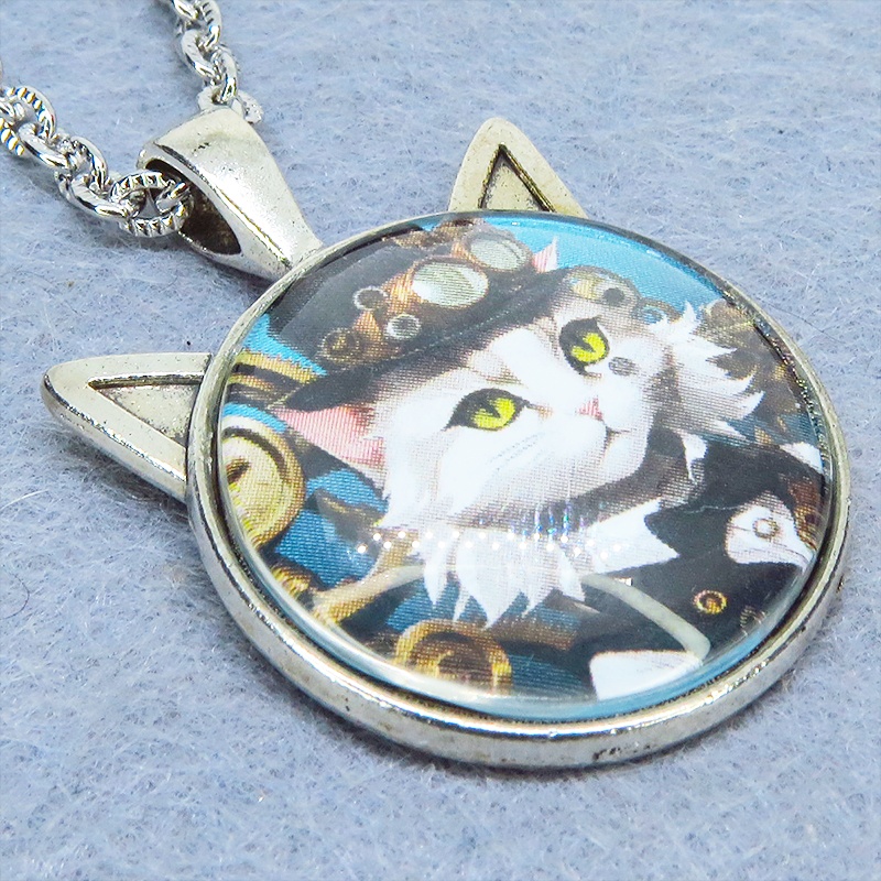 シルバーカラー 猫耳カボションペンダントネックレス スチームパンク シルクハットの毛長白猫 長さ調整可