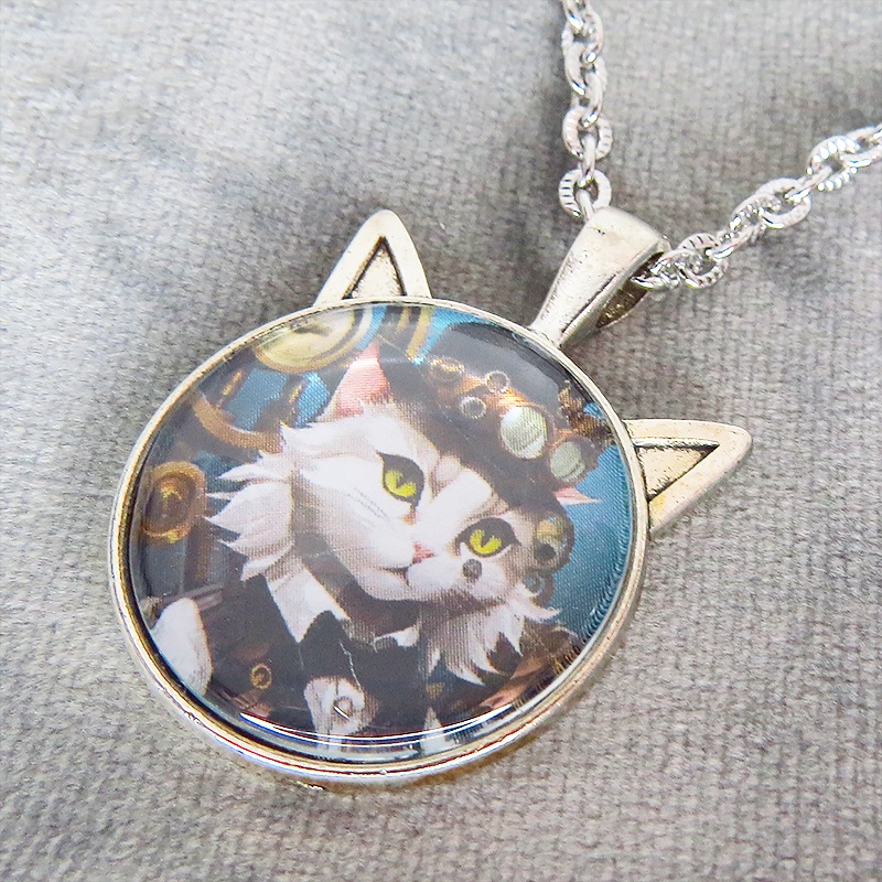 シルバーカラー 猫耳カボションペンダントネックレス スチームパンク シルクハットの毛長白猫 長さ調整可