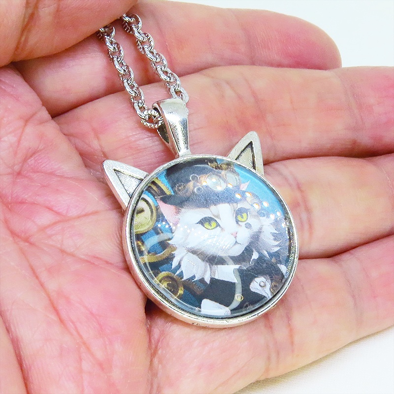 シルバーカラー 猫耳カボションペンダントネックレス スチームパンク シルクハットの毛長白猫 長さ調整可