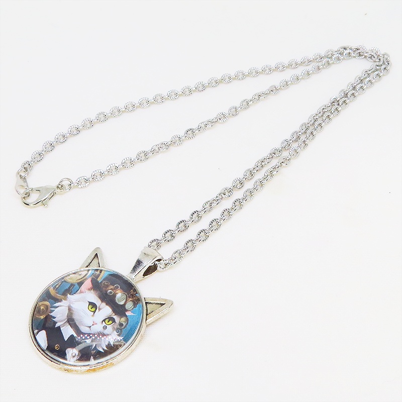 シルバーカラー 猫耳カボションペンダントネックレス スチームパンク シルクハットの毛長白猫 長さ調整可