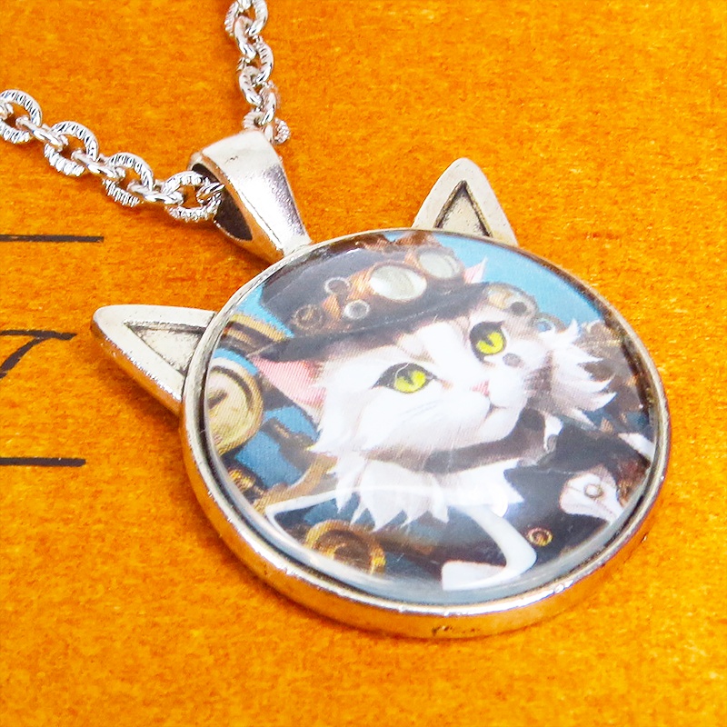 シルバーカラー 猫耳カボションペンダントネックレス スチームパンク シルクハットの毛長白猫 長さ調整可