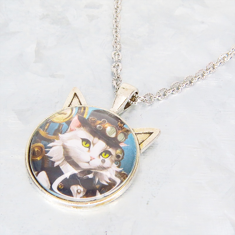 シルバーカラー 猫耳カボションペンダントネックレス スチームパンク シルクハットの毛長白猫 長さ調整可