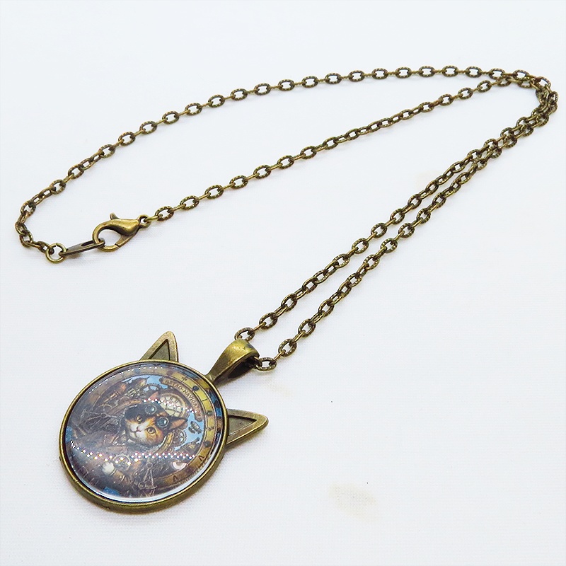 アンティークゴールド 猫耳カボションペンダントネックレス スチームパンク 三毛猫パイロット 長さ調整可