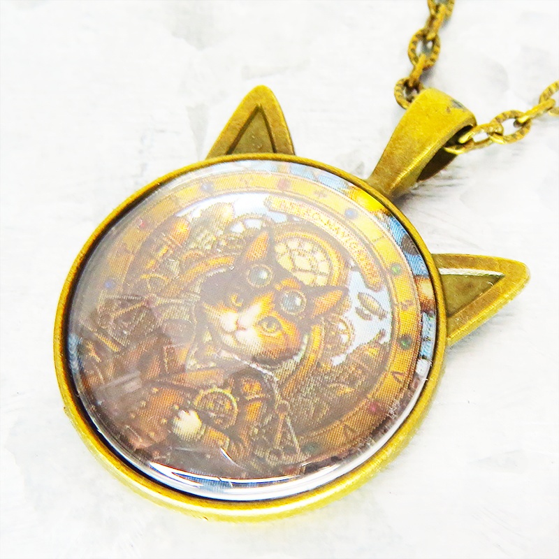 アンティークゴールド 猫耳カボションペンダントネックレス スチームパンク 三毛猫パイロット 長さ調整可