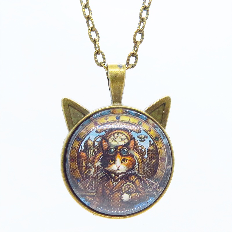 アンティークゴールド 猫耳カボションペンダントネックレス スチームパンク 三毛猫パイロット 長さ調整可