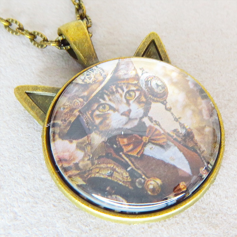 アンティークゴールド 猫耳カボションペンダントネックレス スチームパンク キジシロ貴婦人 長さ調整可