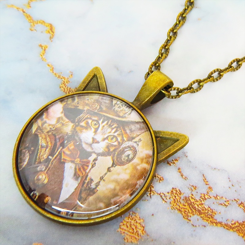 アンティークゴールド 猫耳カボションペンダントネックレス スチームパンク キジシロ貴婦人 長さ調整可