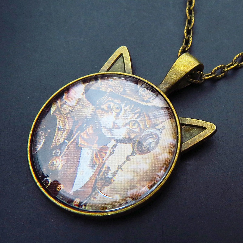 アンティークゴールド 猫耳カボションペンダントネックレス スチームパンク キジシロ貴婦人 長さ調整可