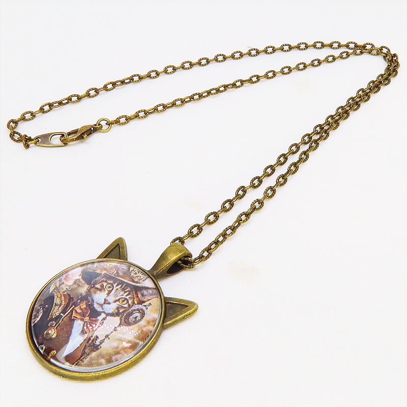 アンティークゴールド 猫耳カボションペンダントネックレス スチームパンク キジシロ貴婦人 長さ調整可