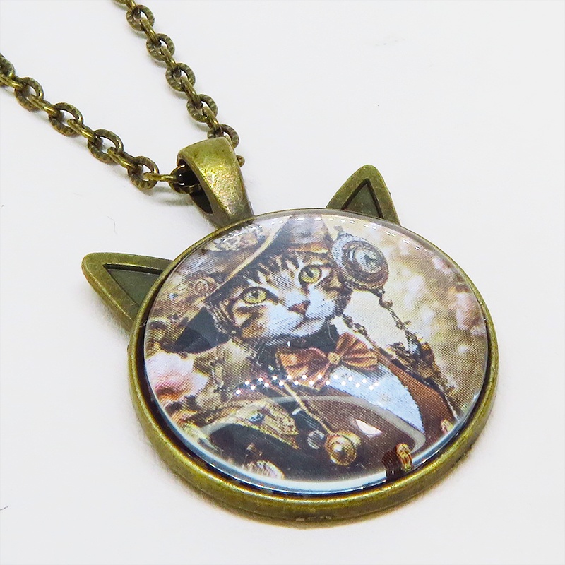 アンティークゴールド 猫耳カボションペンダントネックレス スチームパンク キジシロ貴婦人 長さ調整可